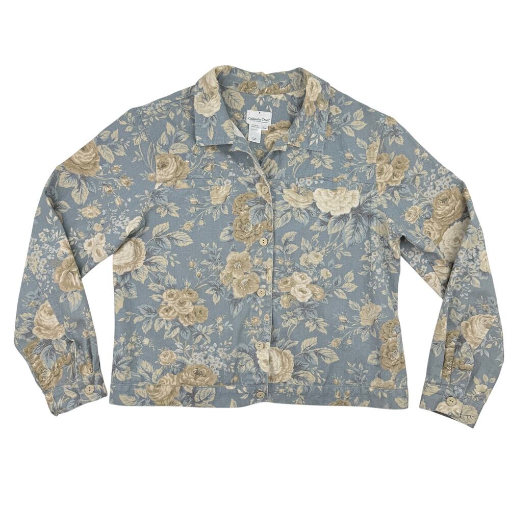 Coldwater Creek Floral Cotton Jacket Blue Beige Cottagecore Shabby Chic Size L